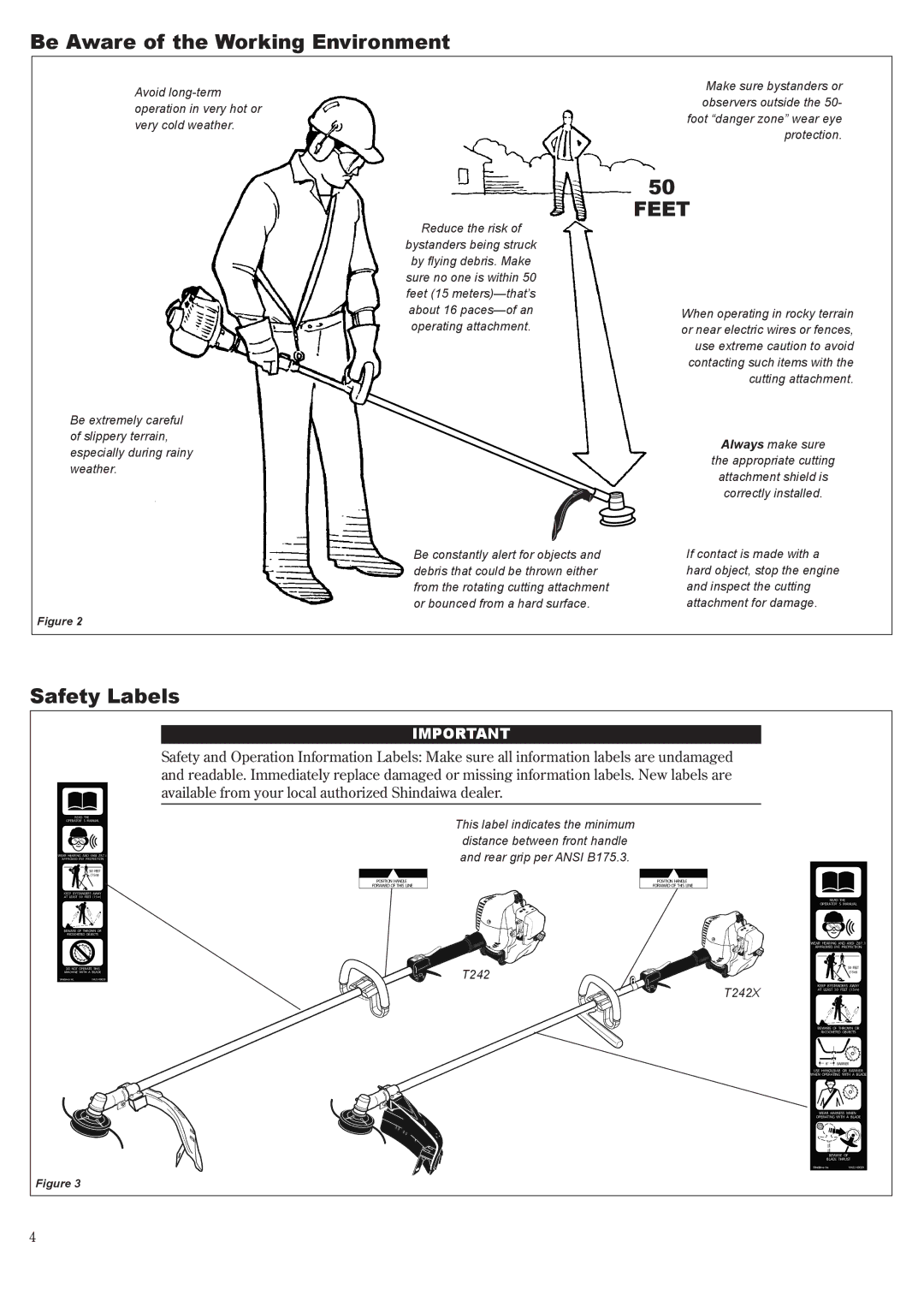 Shindaiwa T242X, 81643 manual Be Aware of the Working Environment, Safety Labels 