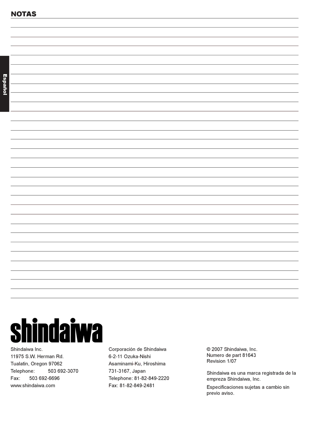 Shindaiwa T242X, 81643 manual Notas 