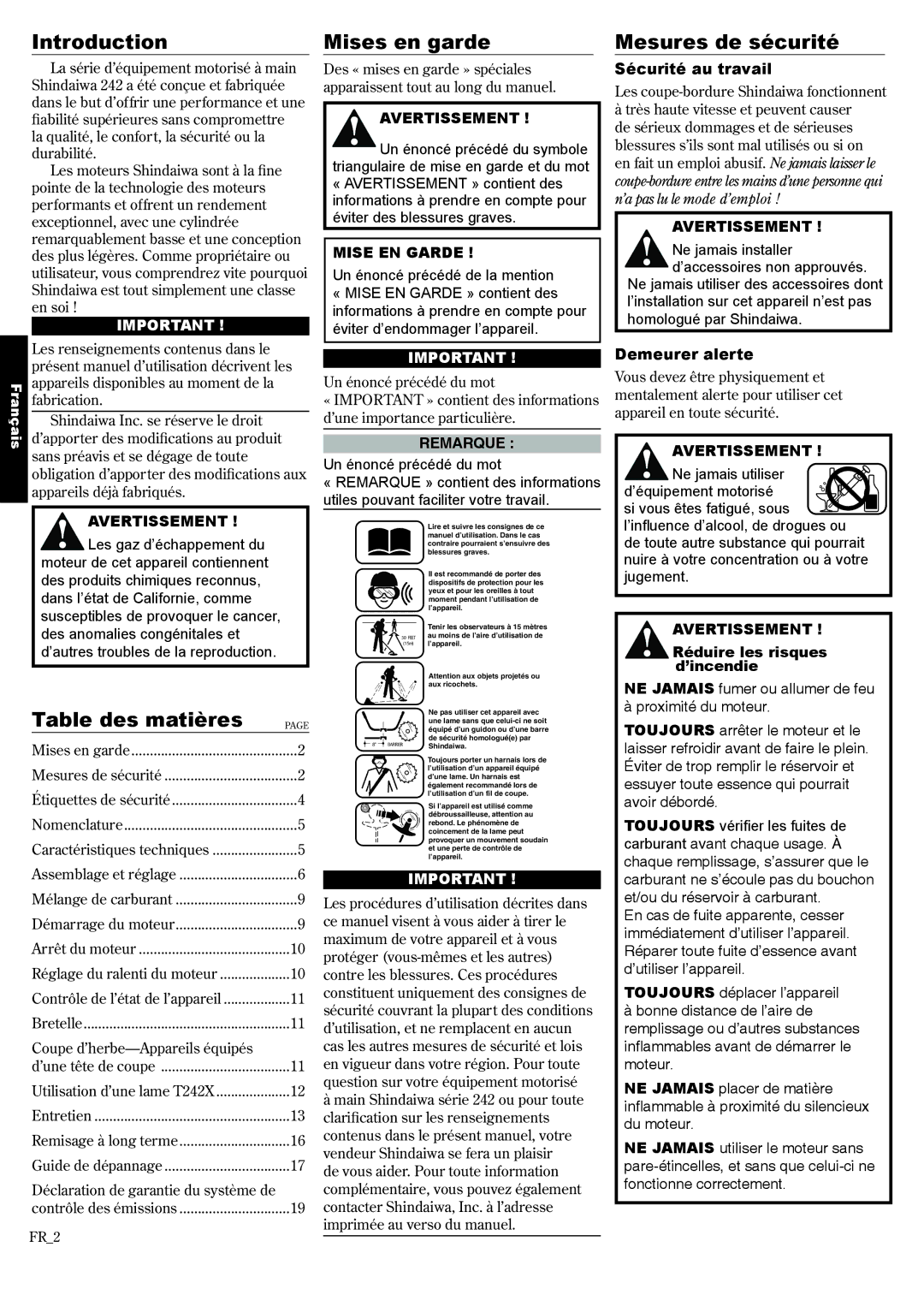 Shindaiwa T242X, 81643 manual Table des matières, Mises en garde, Mesures de sécurité, Mise EN Garde 