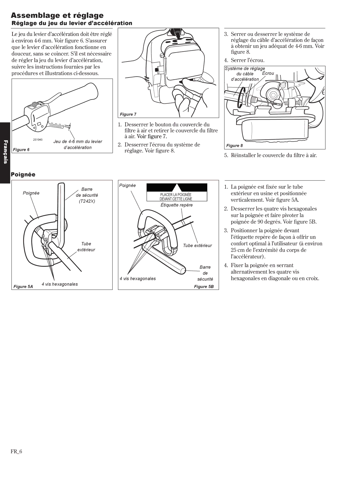 Shindaiwa T242X, 81643 manual Assemblage et réglage, Réglage du jeu du levier d’accélération, Poignée 