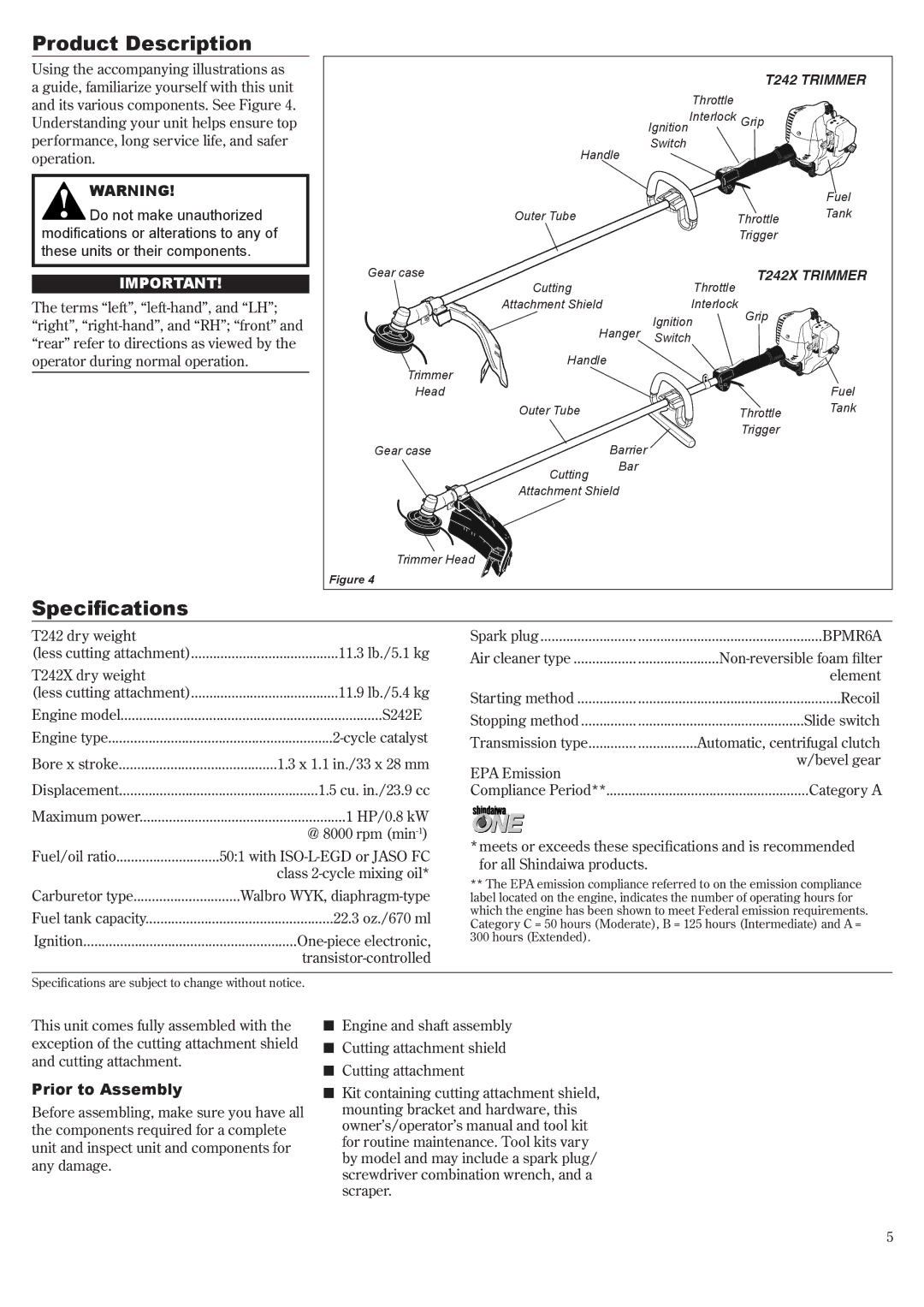 Shindaiwa 81643, T242X manual Product Description, Specifications, Prior to Assembly 