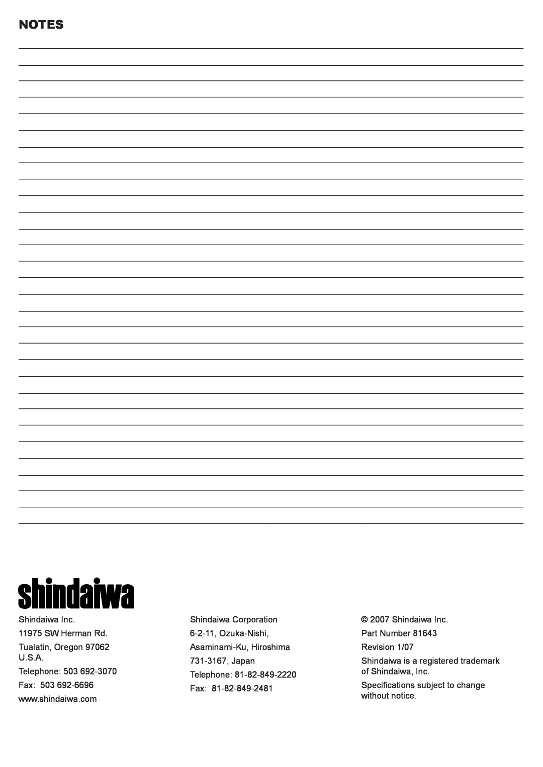 Shindaiwa T242X, 81643 manual Shindaiwa Inc 