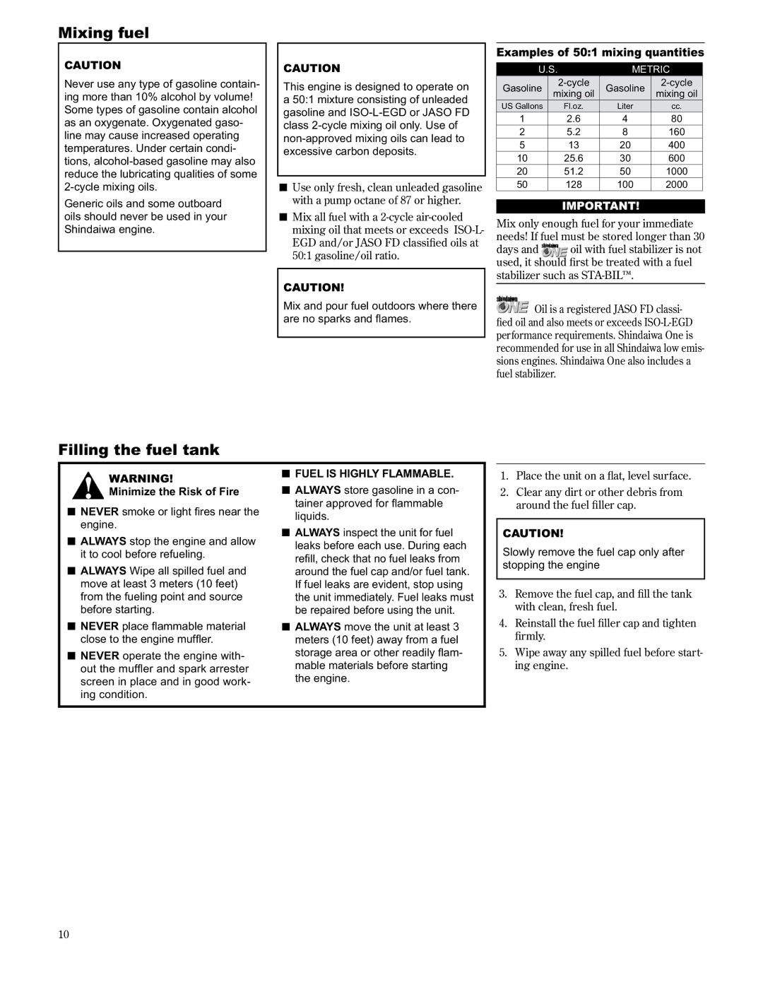 Shindaiwa T2510X/EVC Mixing fuel, Filling the fuel tank, Examples of 501 mixing quantities, Minimize the Risk of Fire 