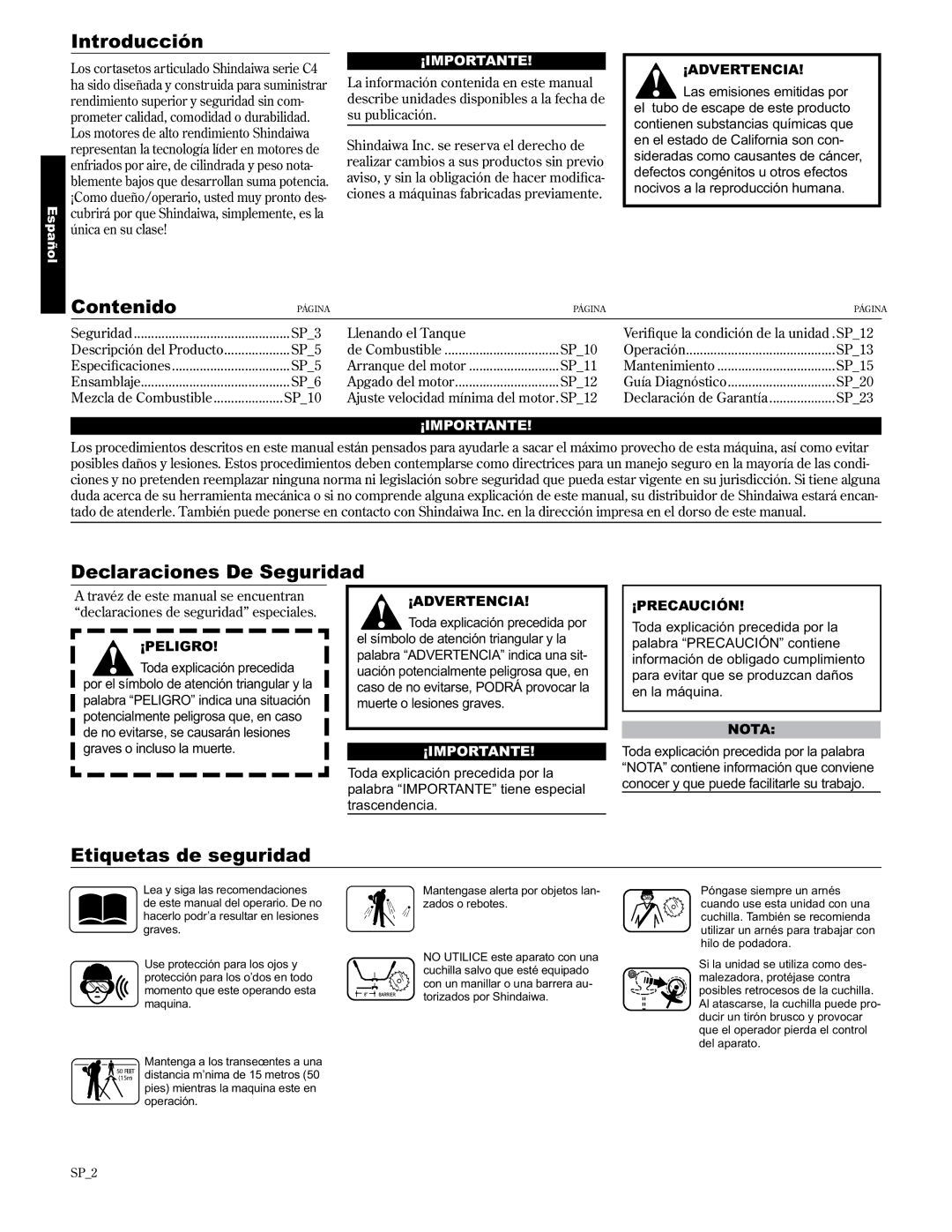 Shindaiwa T2510X/EVC, T2510/EVC, 89300 manual Introducción, Contenido, Declaraciones De Seguridad, Etiquetas de seguridad 