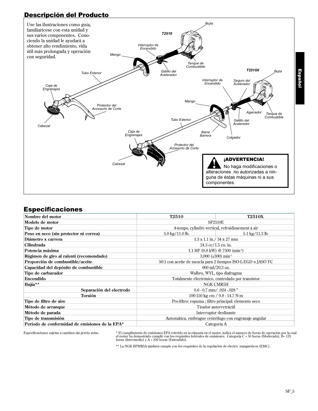 Shindaiwa 89300, T2510/EVC manual Descripción del Producto, Con seguridad, Alteraciones no autorizadas a nin, Componentes 