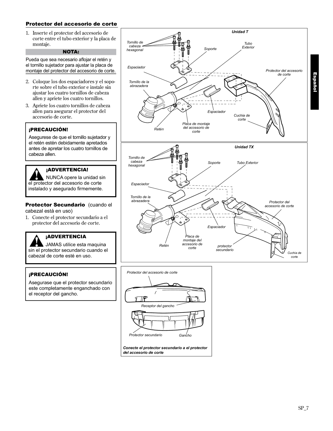 Shindaiwa T2510/EVC, 89300, T2510X/EVC manual Protector Secundario cuando el, Protector del accesorio de corte, SP7 