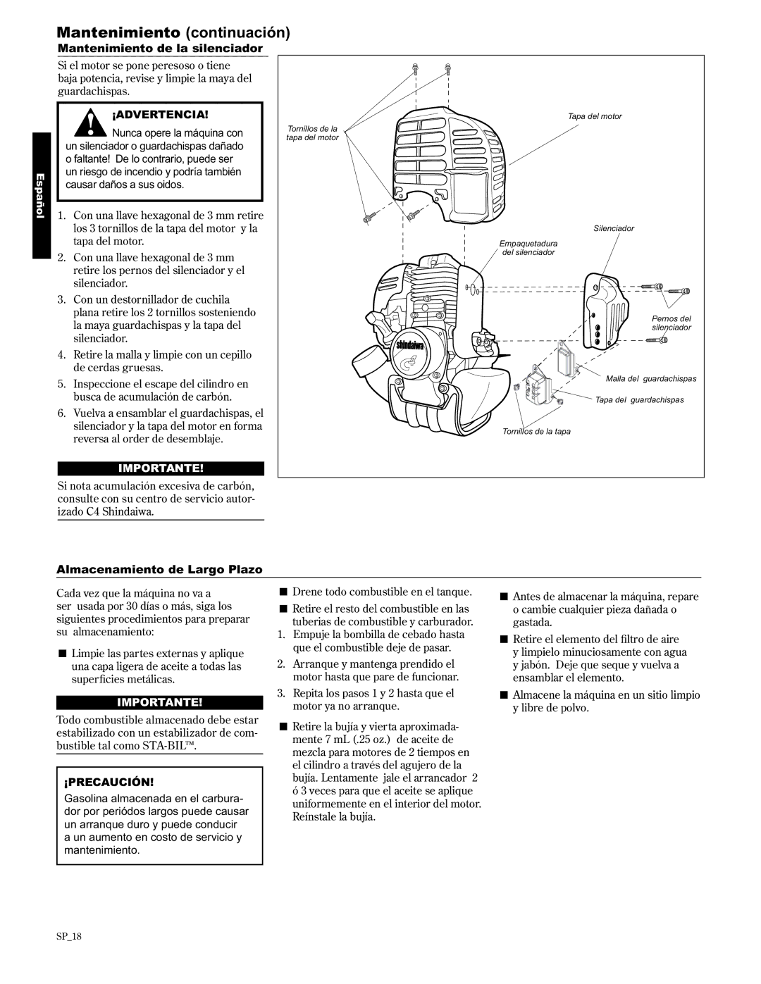 Shindaiwa T2510X/EVC, T2510/EVC, 89300 manual Mantenimiento de la silenciador, Almacenamiento de Largo Plazo 