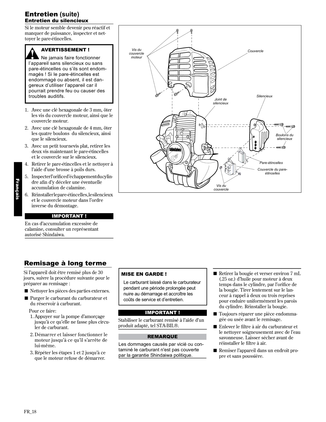 Shindaiwa T2510X/EVC, T2510/EVC, 89300 manual Remisage à long terme, Entretien du silencieux 