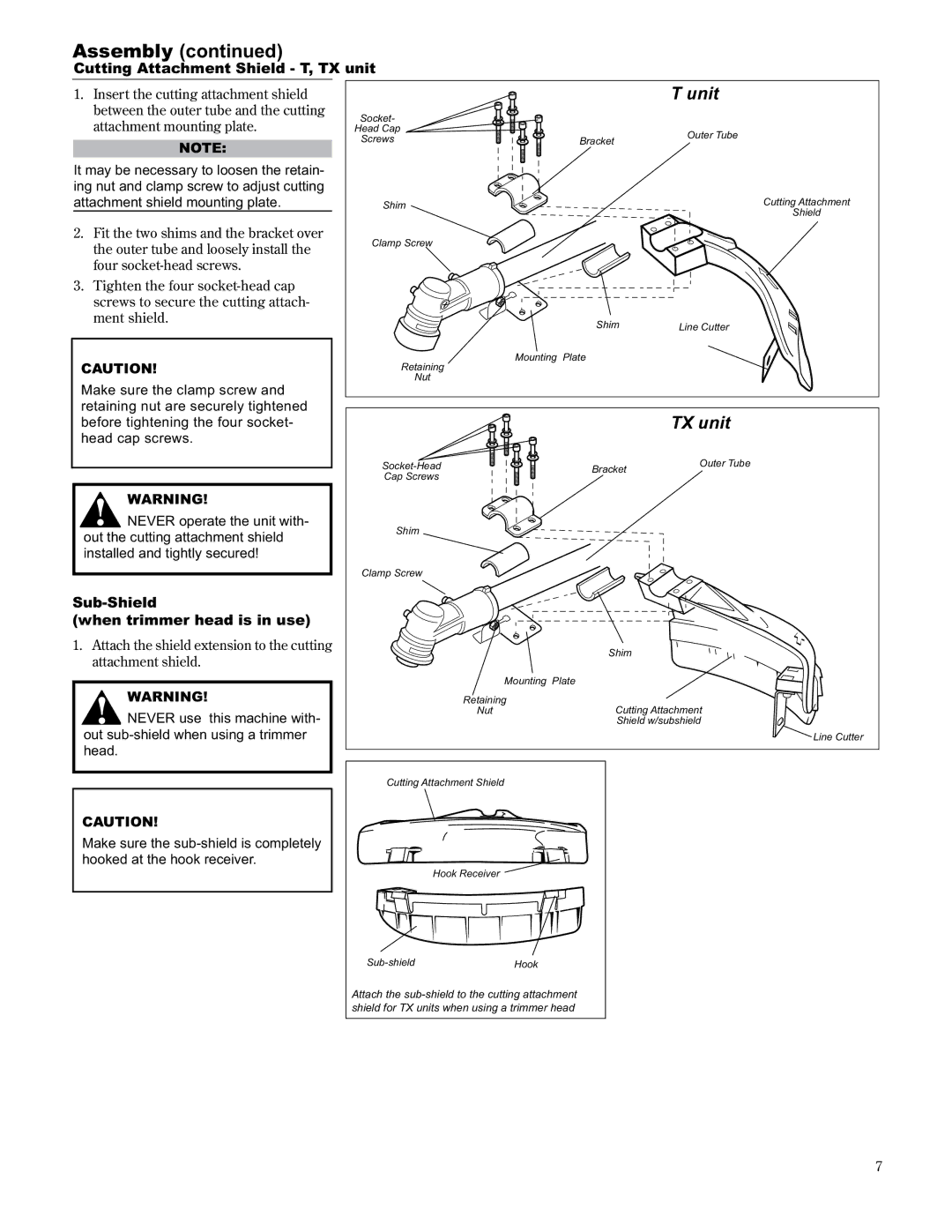 Shindaiwa T2510/EVC, 89300, T2510X/EVC manual Cutting Attachment Shield T, TX unit, Sub-Shield When trimmer head is in use 