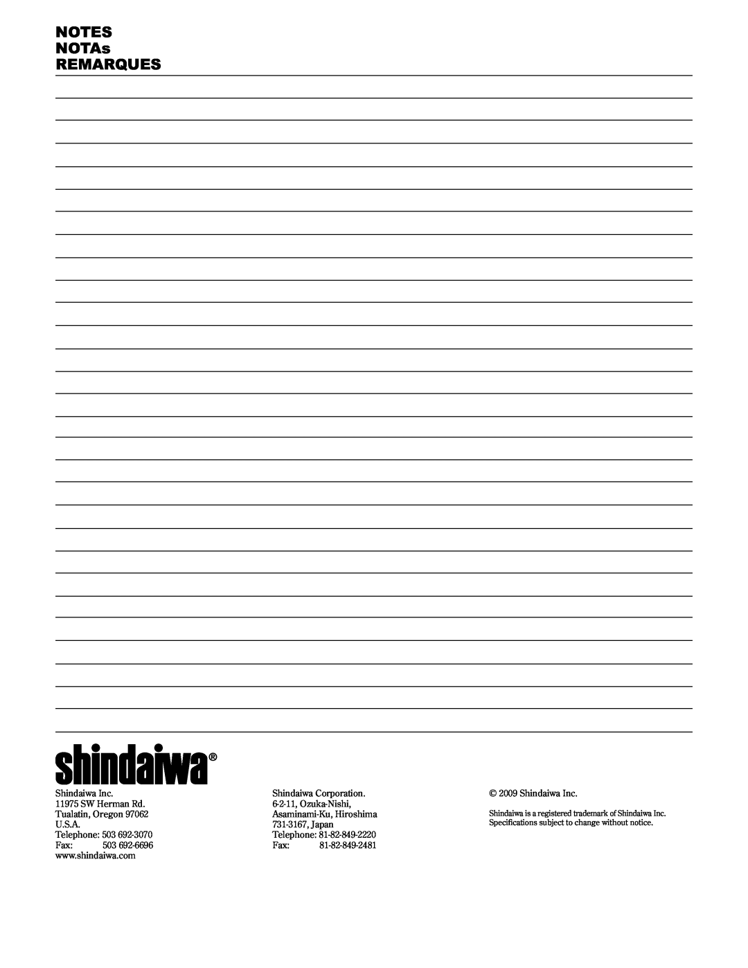 Shindaiwa T2510/EVC, 89300, T2510X/EVC manual NOTES NOTAs REMARQUES 