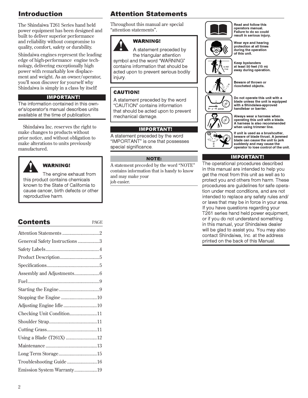 Shindaiwa 81605, T261X/EVC, T261/EVC manual Introduction, Contents 