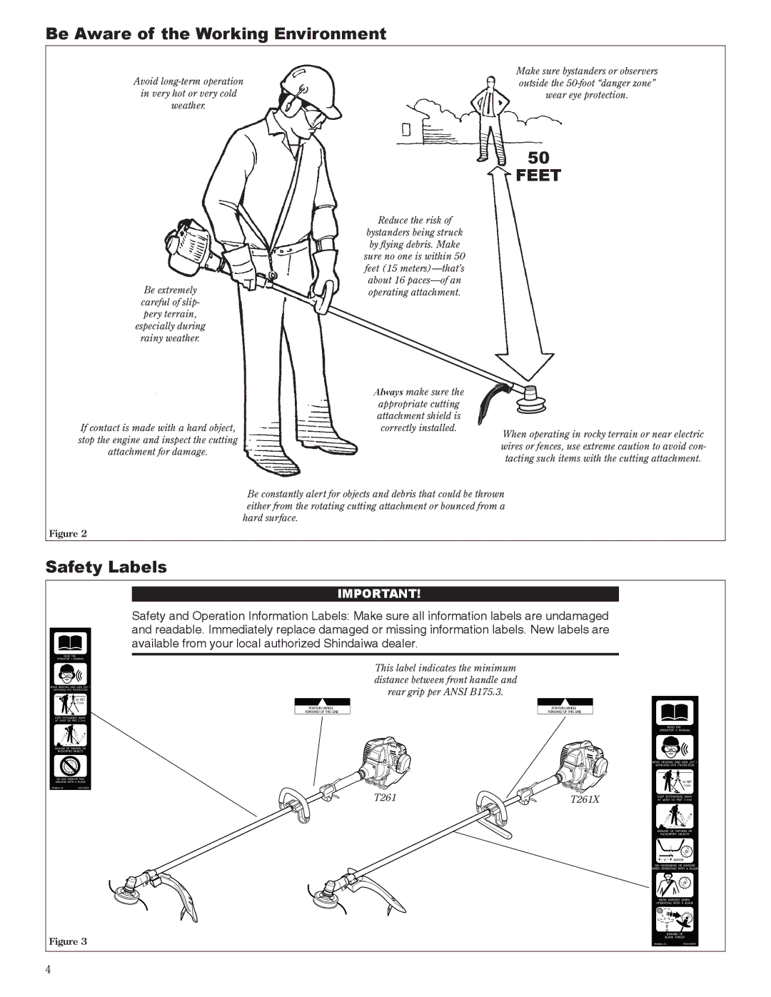 Shindaiwa T261/EVC, T261X/EVC, 81605 manual Be Aware of the Working Environment, Safety Labels 