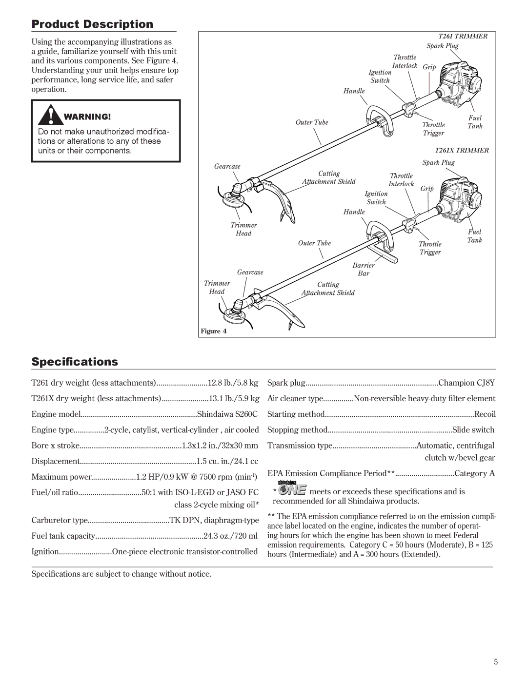 Shindaiwa 81605, T261X/EVC, T261/EVC manual Product Description, Specifications 