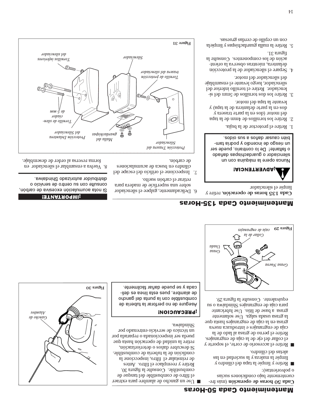 Shindaiwa T272X manual Horas-135 Cada Mantenimiento, Horas-50 Cada Mantenimiento, Silenciador el limpie 