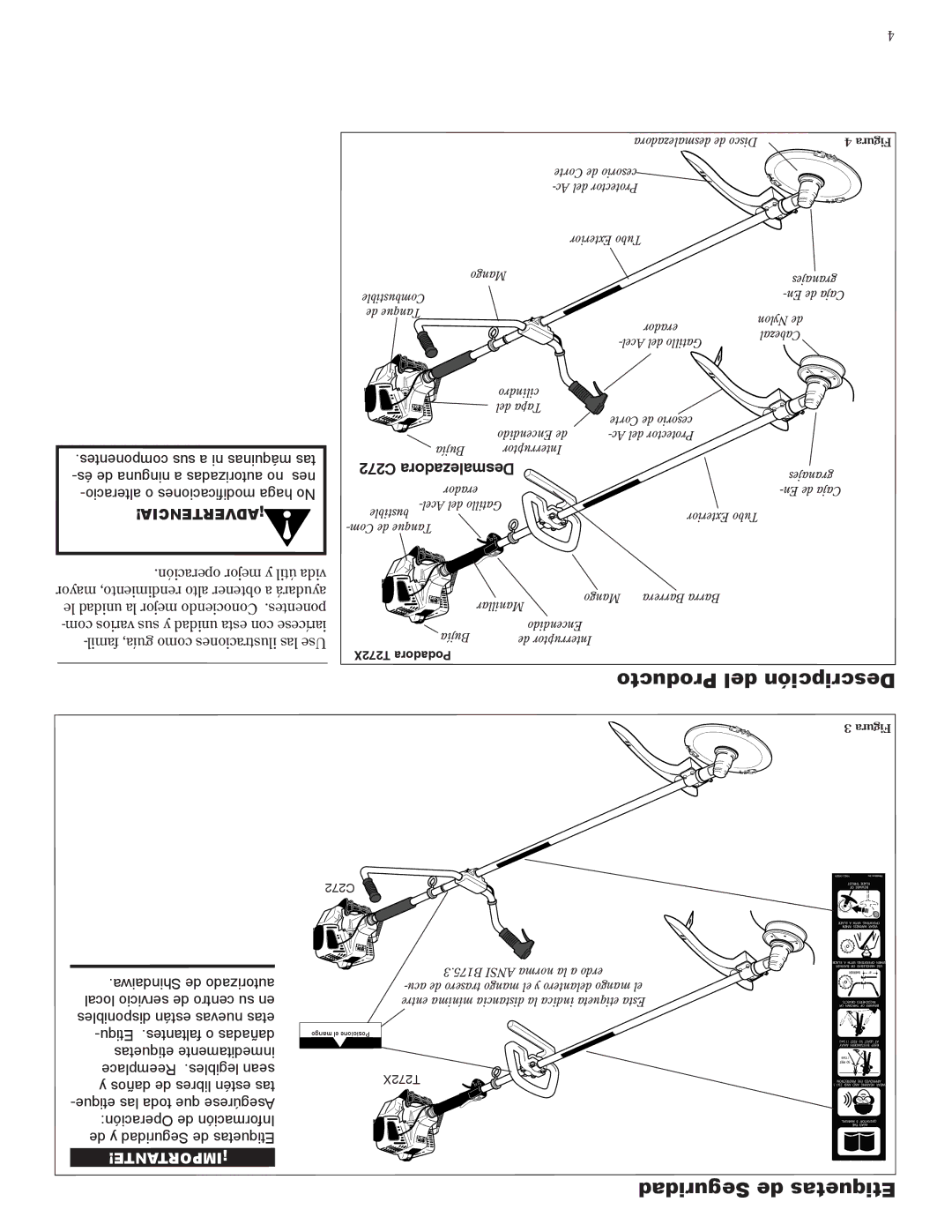 Shindaiwa T272X manual Producto del Descripción, Seguridad de Etiquetas 