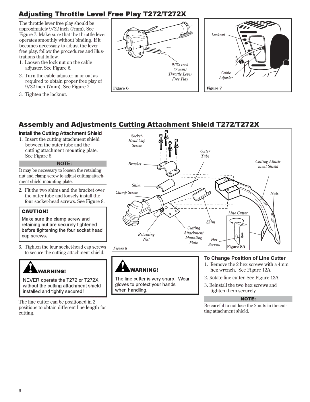 Shindaiwa manual Adjusting Throttle Level Free Play T272/T272X, Install the Cutting Attachment Shield 