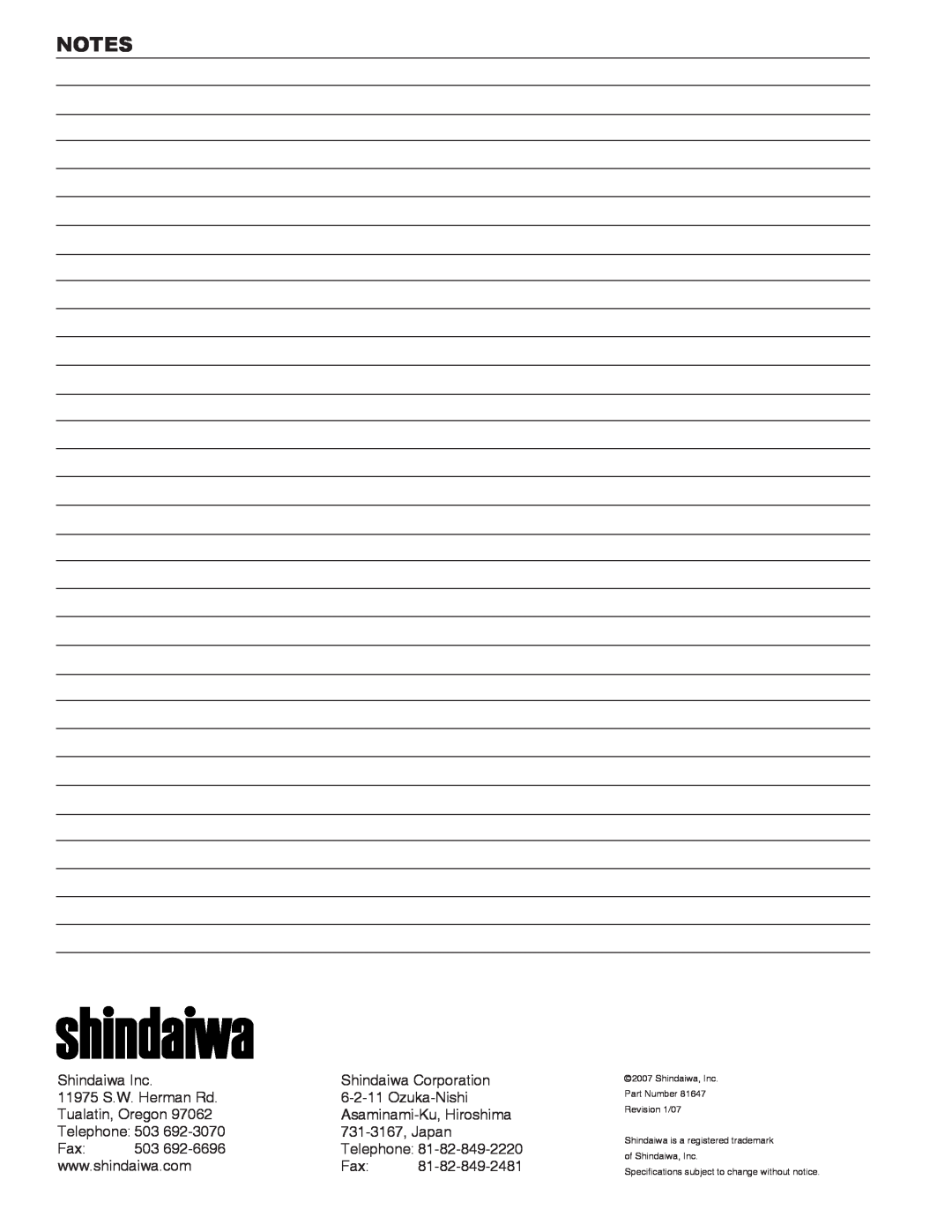 Shindaiwa T272X manual Shindaiwa, Inc Part Number Revision 1/07, Shindaiwa is a registered trademark of Shindaiwa, Inc 