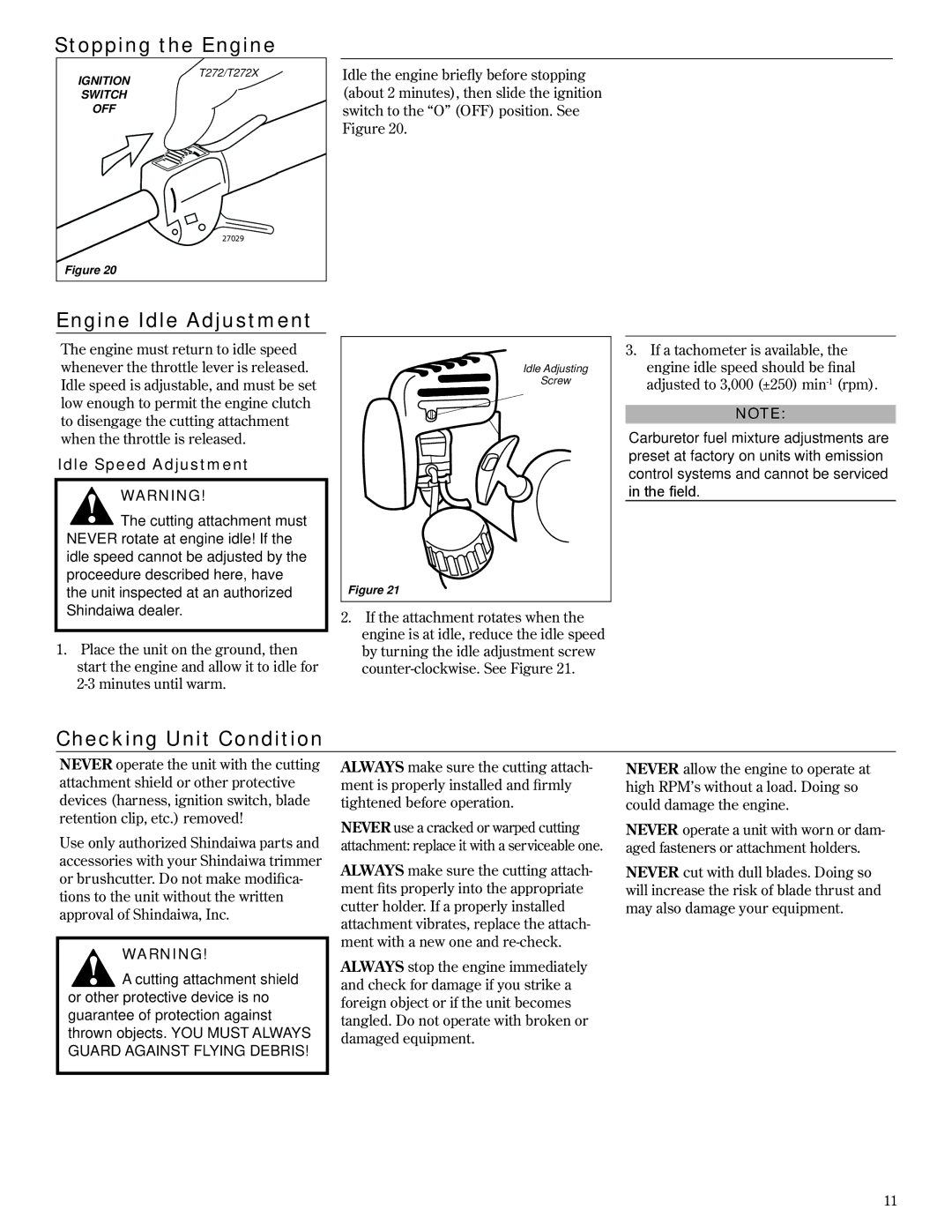 Shindaiwa 81606, T272X/EVC Stopping the Engine, Engine Idle Adjustment, Checking Unit Condition, Idle Speed Adjustment 