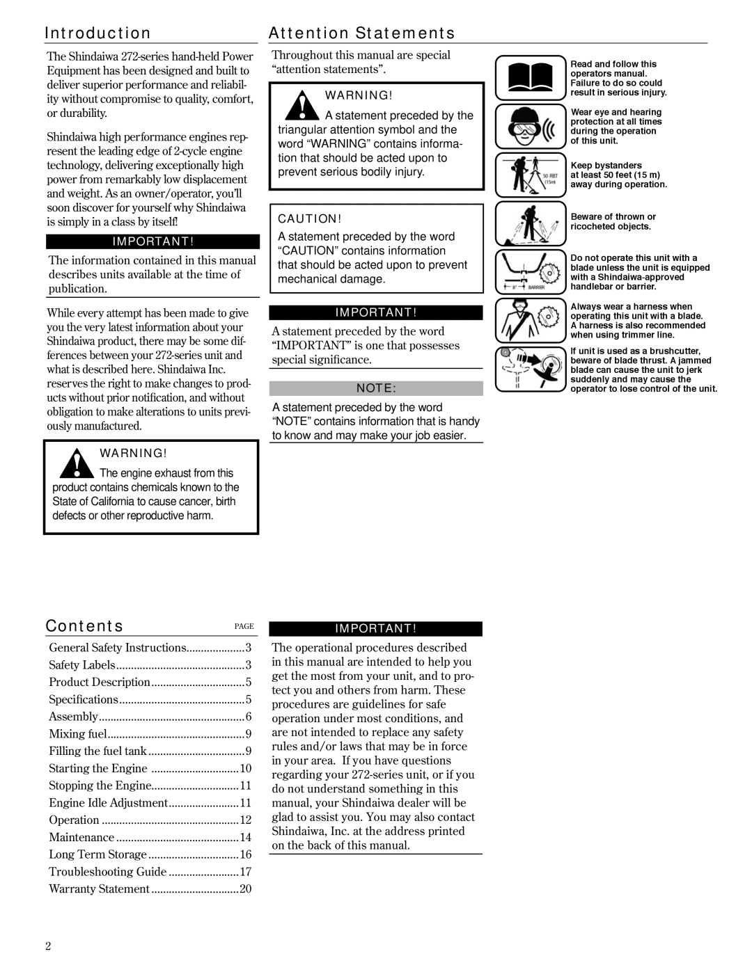 Shindaiwa 81606, T272X/EVC, T272/EVC manual Introduction, Contents 