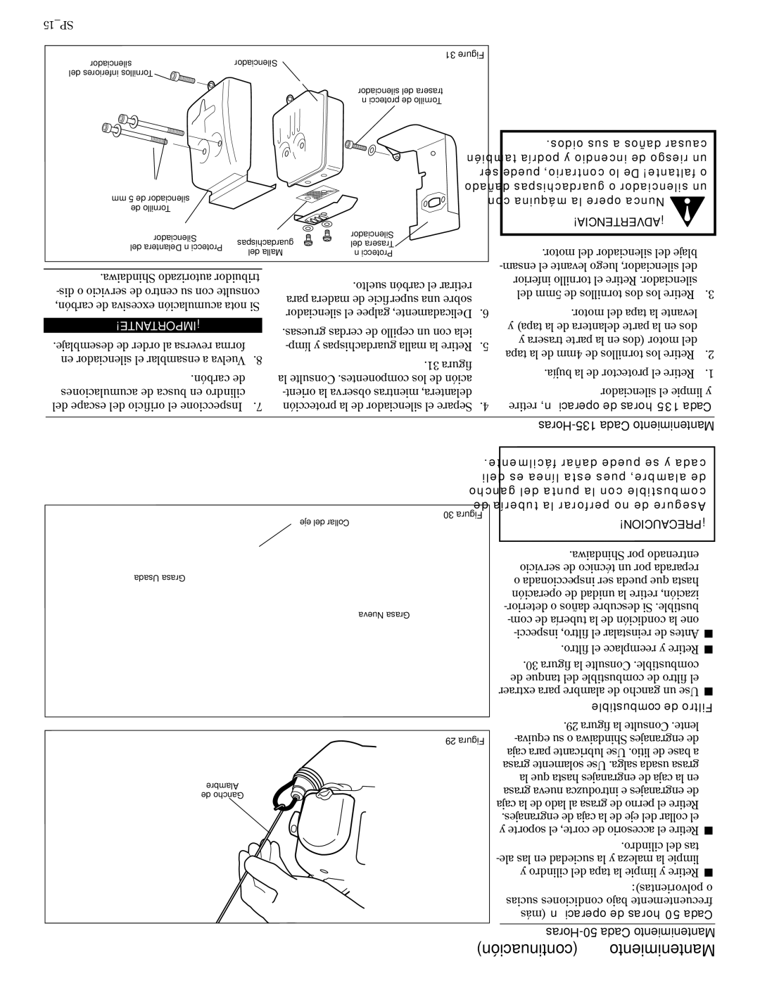 Shindaiwa 81606, T272X/EVC Continuación Mantenimiento, Horas-135 Cada Mantenimiento, Horas-50 Cada Mantenimiento, 15SP 