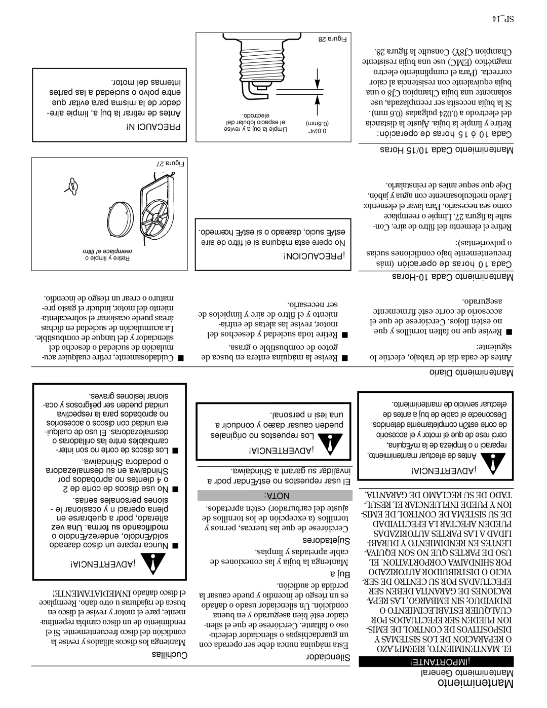 Shindaiwa T272X/EVC, T272/EVC, 81606 manual Mantenimiento 