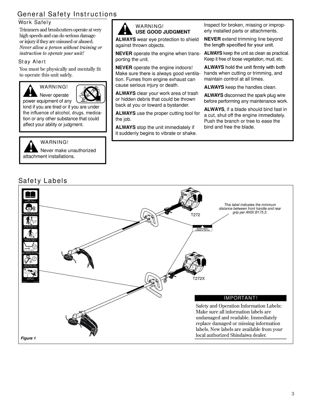 Shindaiwa T272X/EVC, T272/EVC, 81606 General Safety Instructions, Safety Labels, Work Safely, Stay Alert, Use Good Judgment 