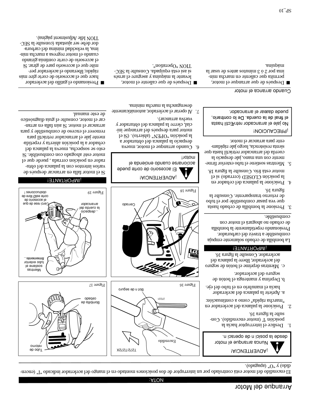 Shindaiwa T272/EVC, T272X/EVC, 81606 manual Motor del Arranque, Motor el arranca Cuando, 10SP 