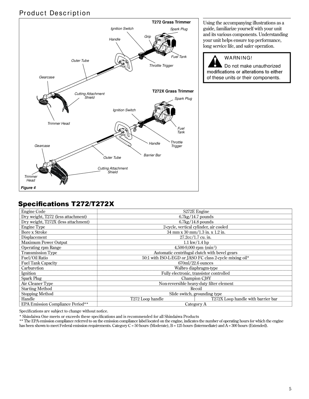 Shindaiwa 81606, T272X/EVC, T272/EVC manual Product Description, Specifications T272/T272X 