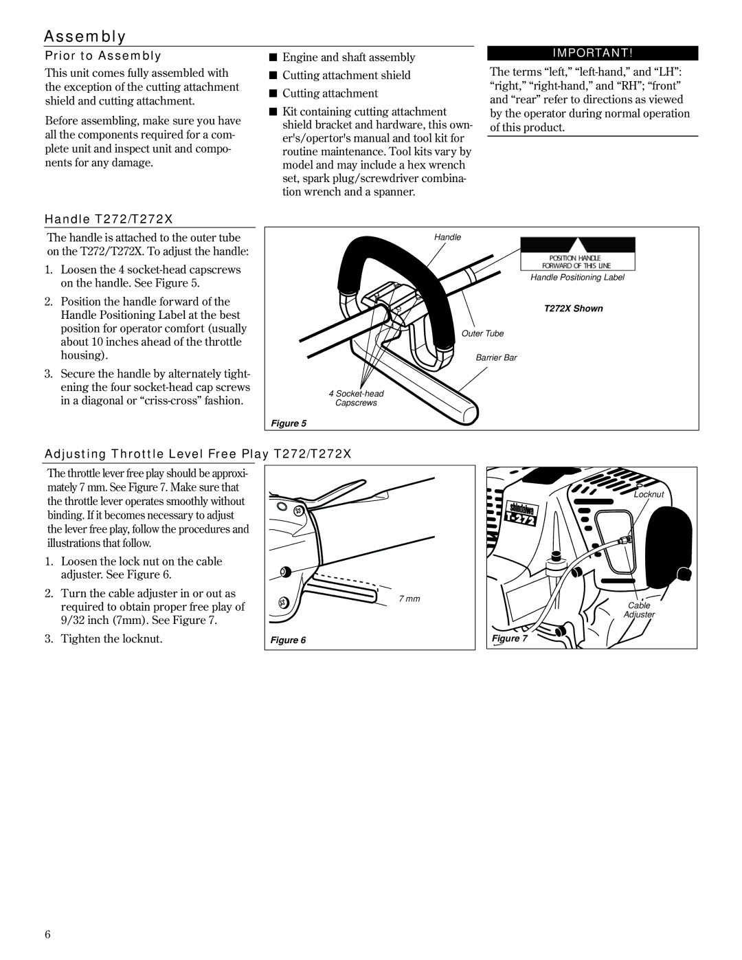 Shindaiwa T272X/EVC, T272/EVC manual Prior to Assembly, Handle T272/T272X, Adjusting Throttle Level Free Play T272/T272X 