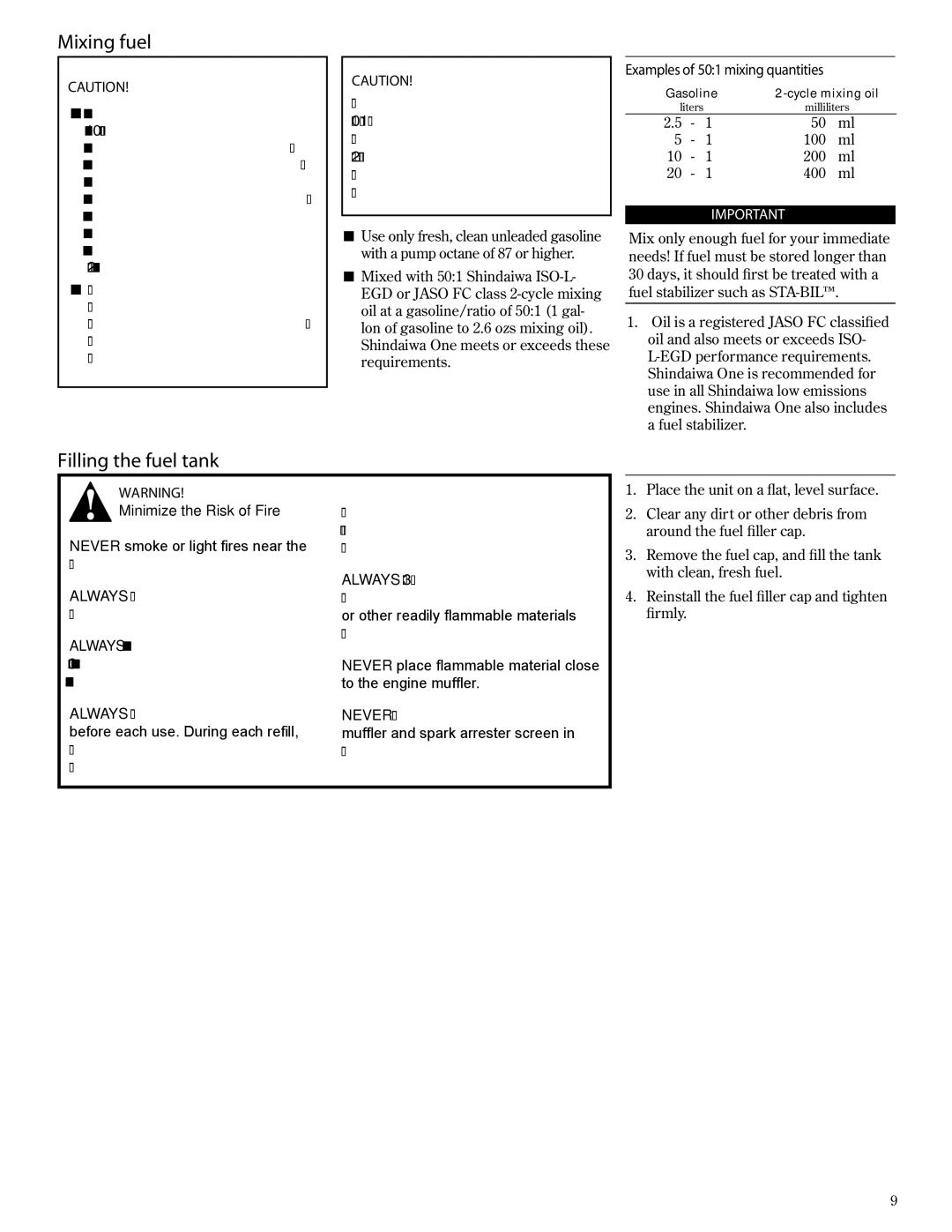 Shindaiwa T272X/EVC manual Mixing fuel, Filling the fuel tank, Examples of 501 mixing quantities, Minimize the Risk of Fire 