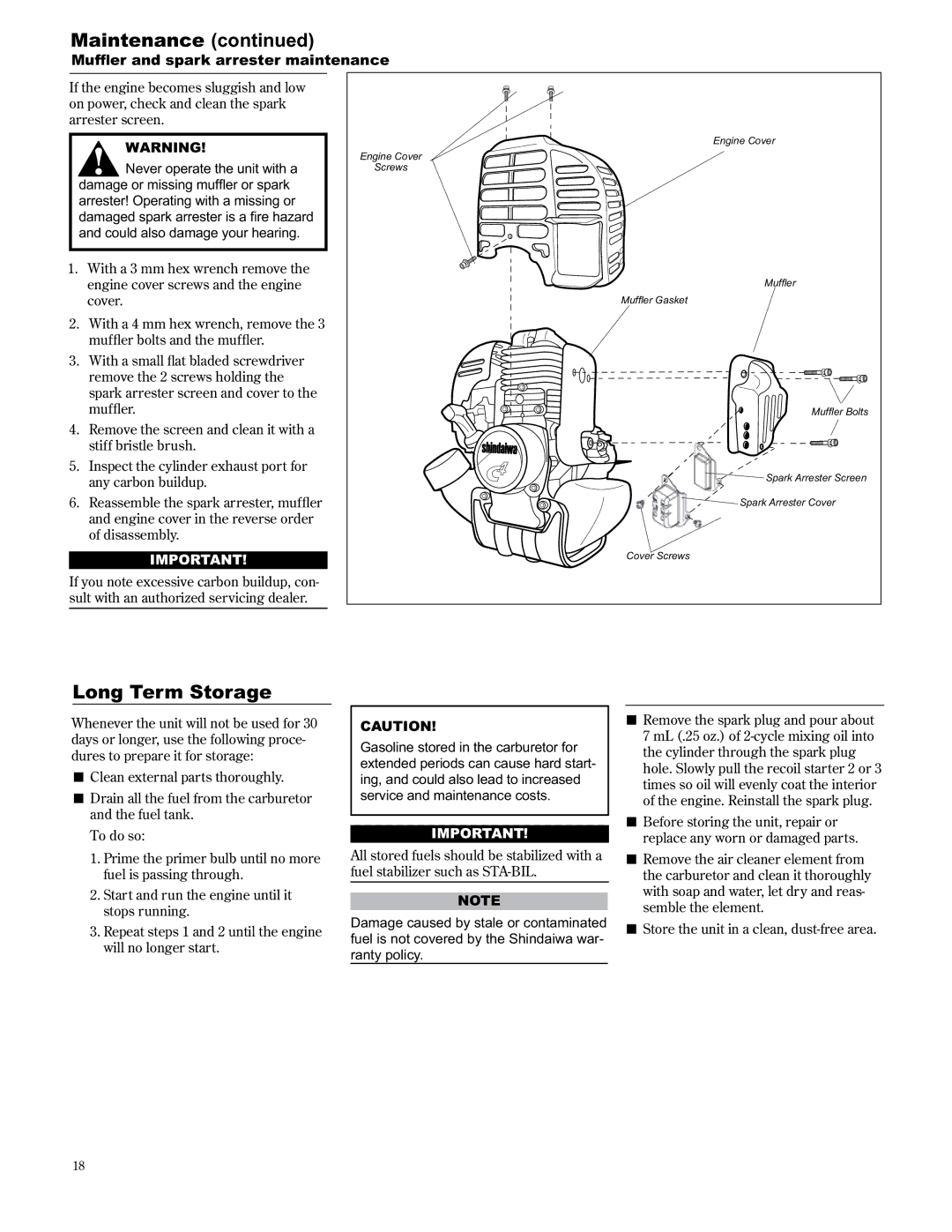 Shindaiwa T3410/EVC, T3410X/EVC, 89301 manual Long Term Storage, 0XIÁHUDQGVSDUNDUUHVWHU Dlqwhqdqfh 