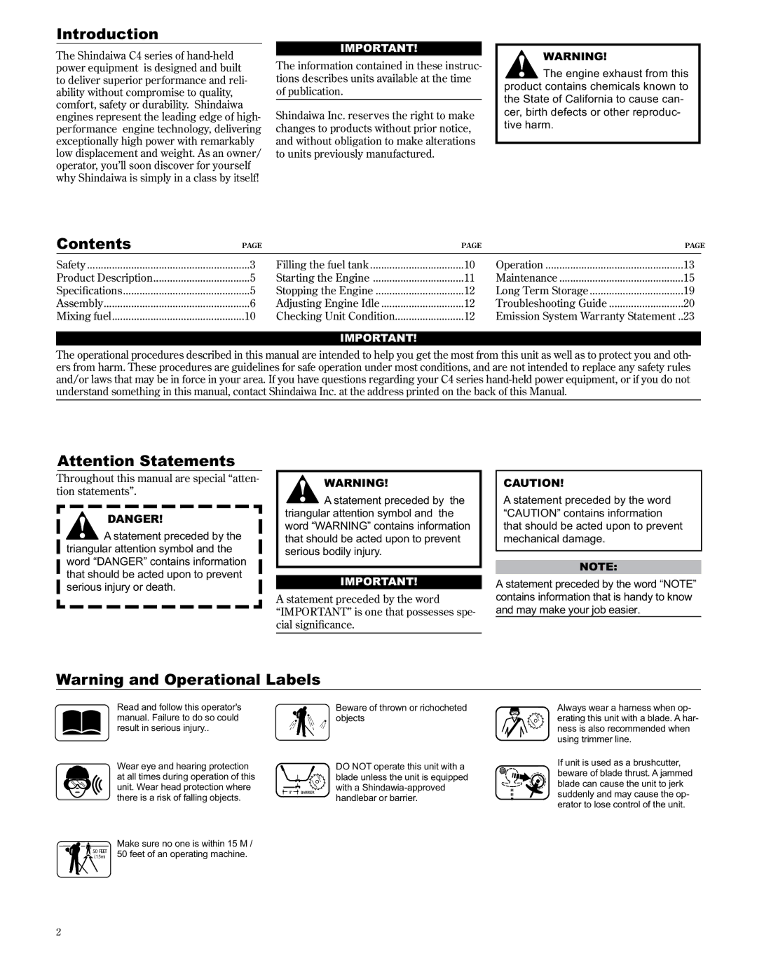 Shindaiwa 89301, T3410/EVC, T3410X/EVC manual Introduction, Contents 