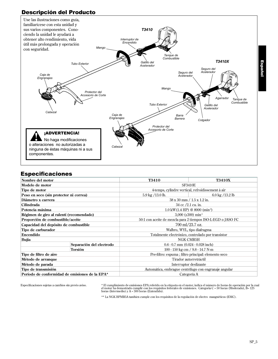 Shindaiwa 89301, T3410/EVC, T3410X/EVC manual Descripción del Producto, Vshflàfdflrqhv 