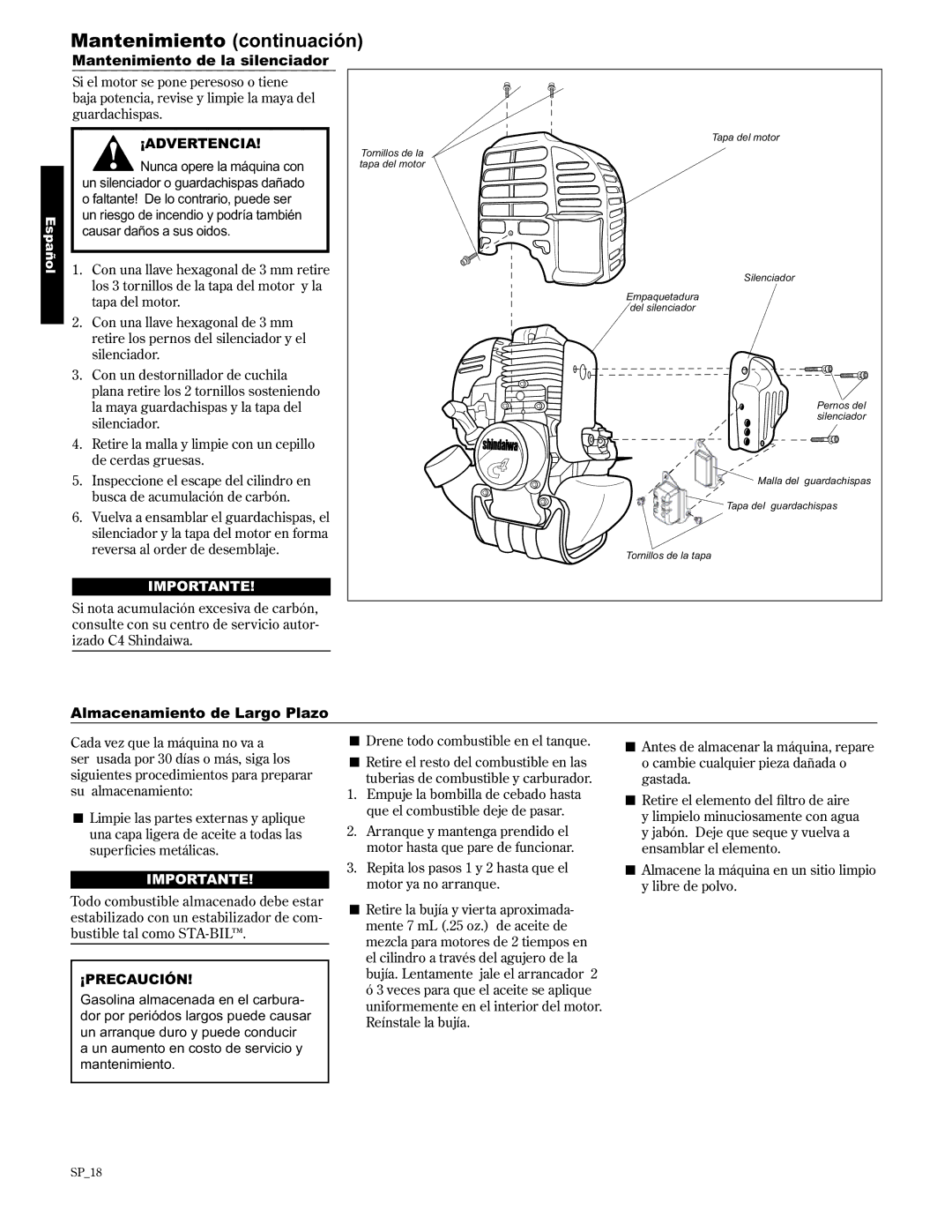 Shindaiwa T3410/EVC, T3410X/EVC, 89301 manual Mantenimiento de la silenciador, Almacenamiento de Largo Plazo 