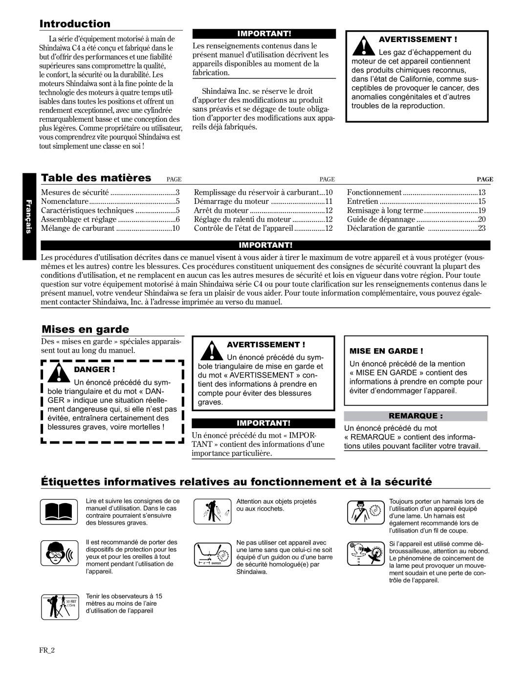 Shindaiwa 89301, T3410/EVC, T3410X/EVC manual Table des matières, Mises en garde 