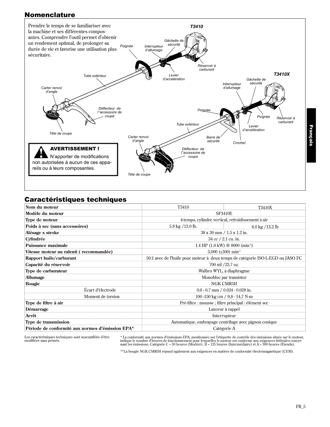 Shindaiwa 89301, T3410/EVC, T3410X/EVC manual Nomenclature, Caractéristiques techniques 