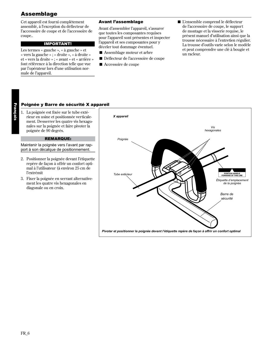 Shindaiwa T3410/EVC, T3410X/EVC, 89301 manual Assemblage, Avant l’assemblage, Poignée y Barre de sécurité X appareil, FR6 