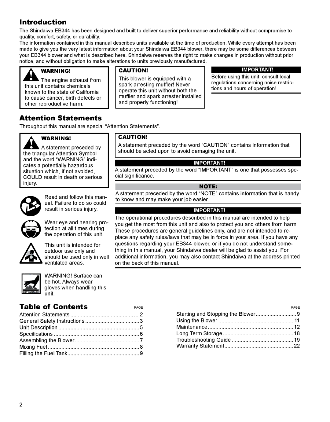 Shindaiwa X7501930200, EB344EF13 manual Introduction, Table of Contents 