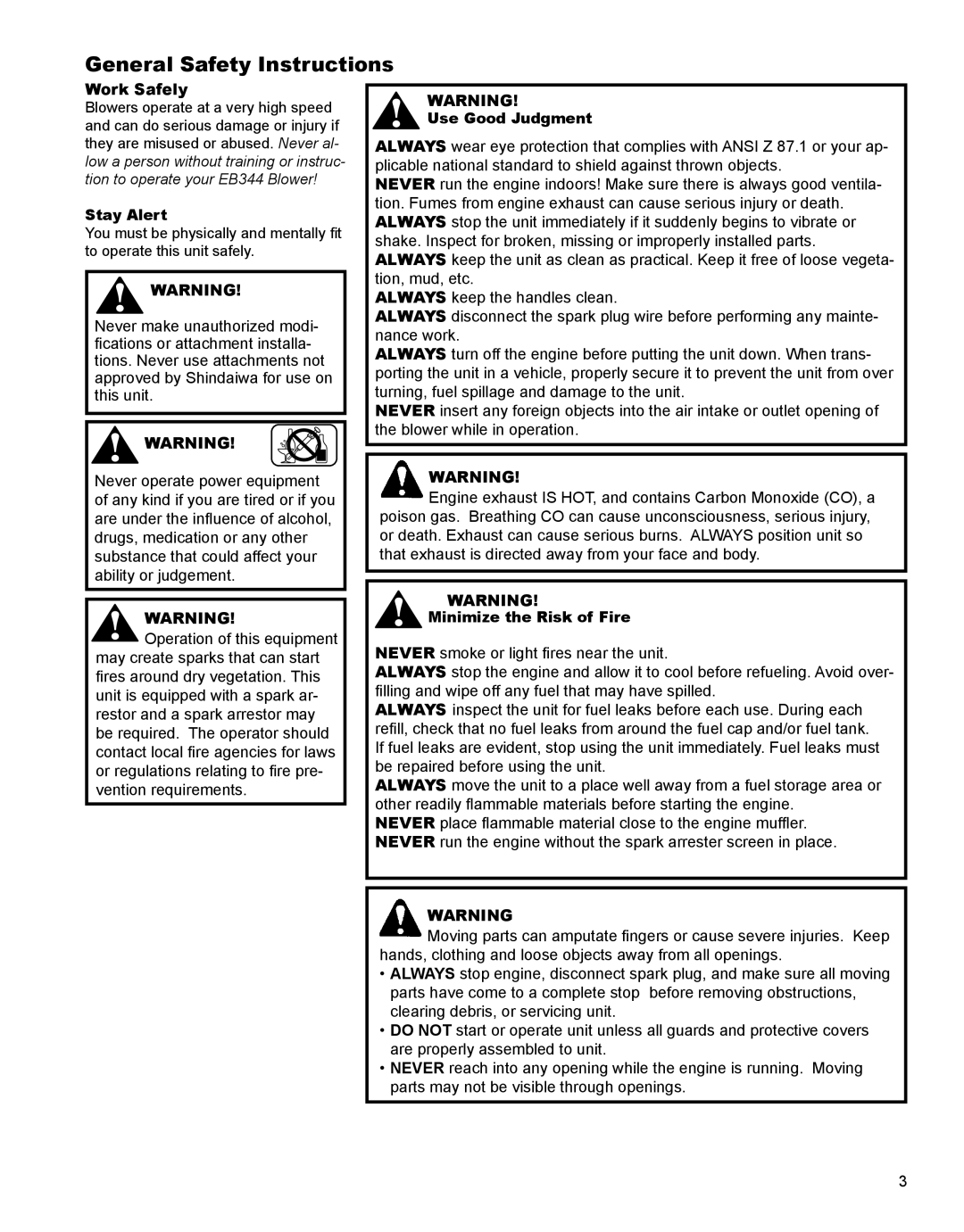 Shindaiwa EB344EF13 General Safety Instructions, Work Safely, Stay Alert, Use Good Judgment, Minimize the Risk of Fire 