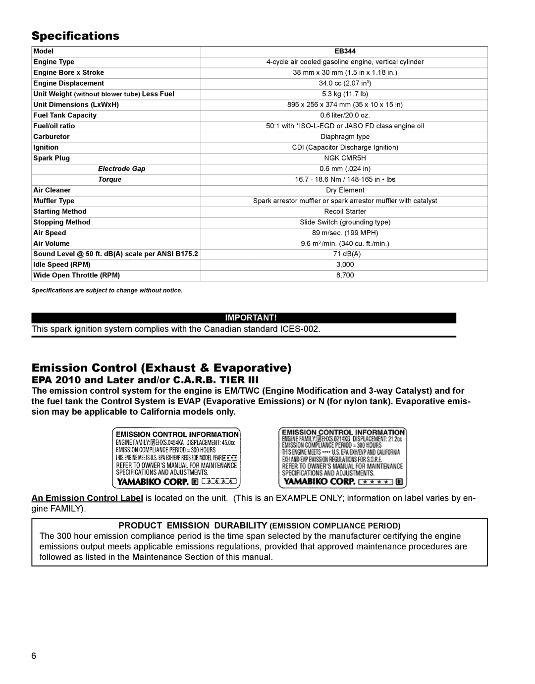 Shindaiwa X7501930200, EB344EF13 manual Specifications, Emission Control Exhaust & Evaporative 