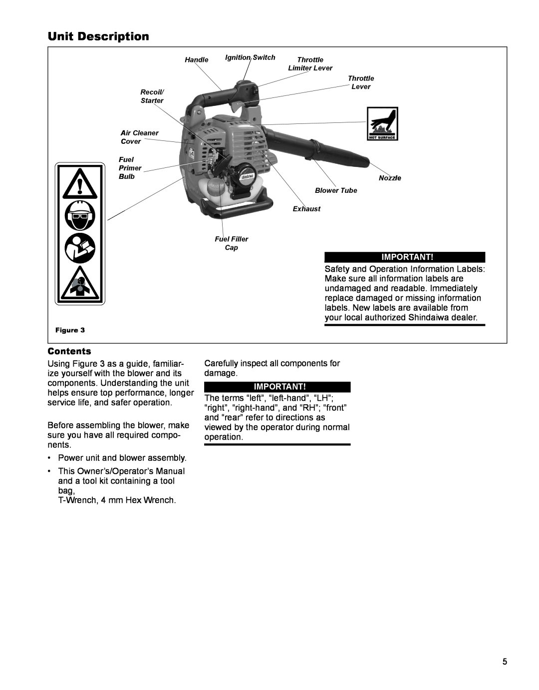Shindaiwa EB344EF13, X7501930200 manual Unit Description, Contents 