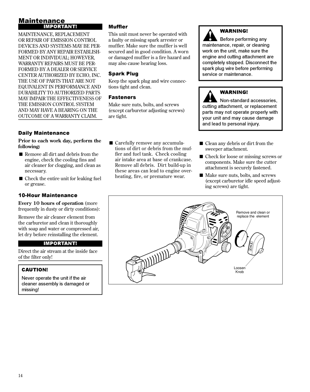 Shindaiwa X7502235300, PB270 manual Maintenance 