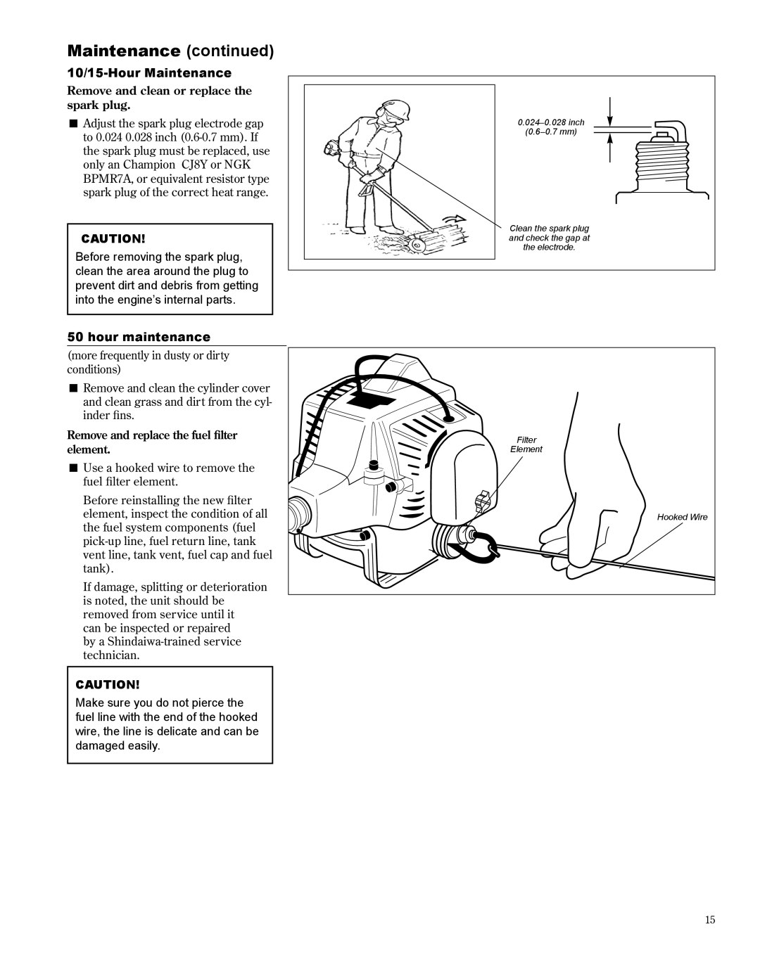 Shindaiwa PB270, X7502235300 manual 10/15-Hour Maintenance, Remove and clean or replace the spark plug 