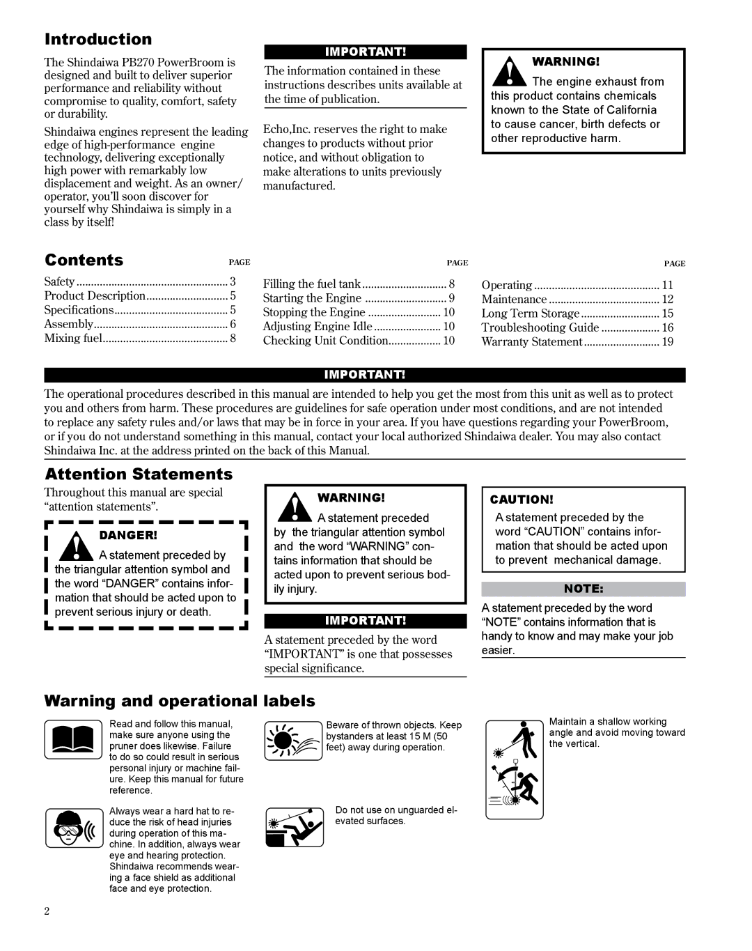 Shindaiwa X7502235300, PB270 manual Introduction, Contents 