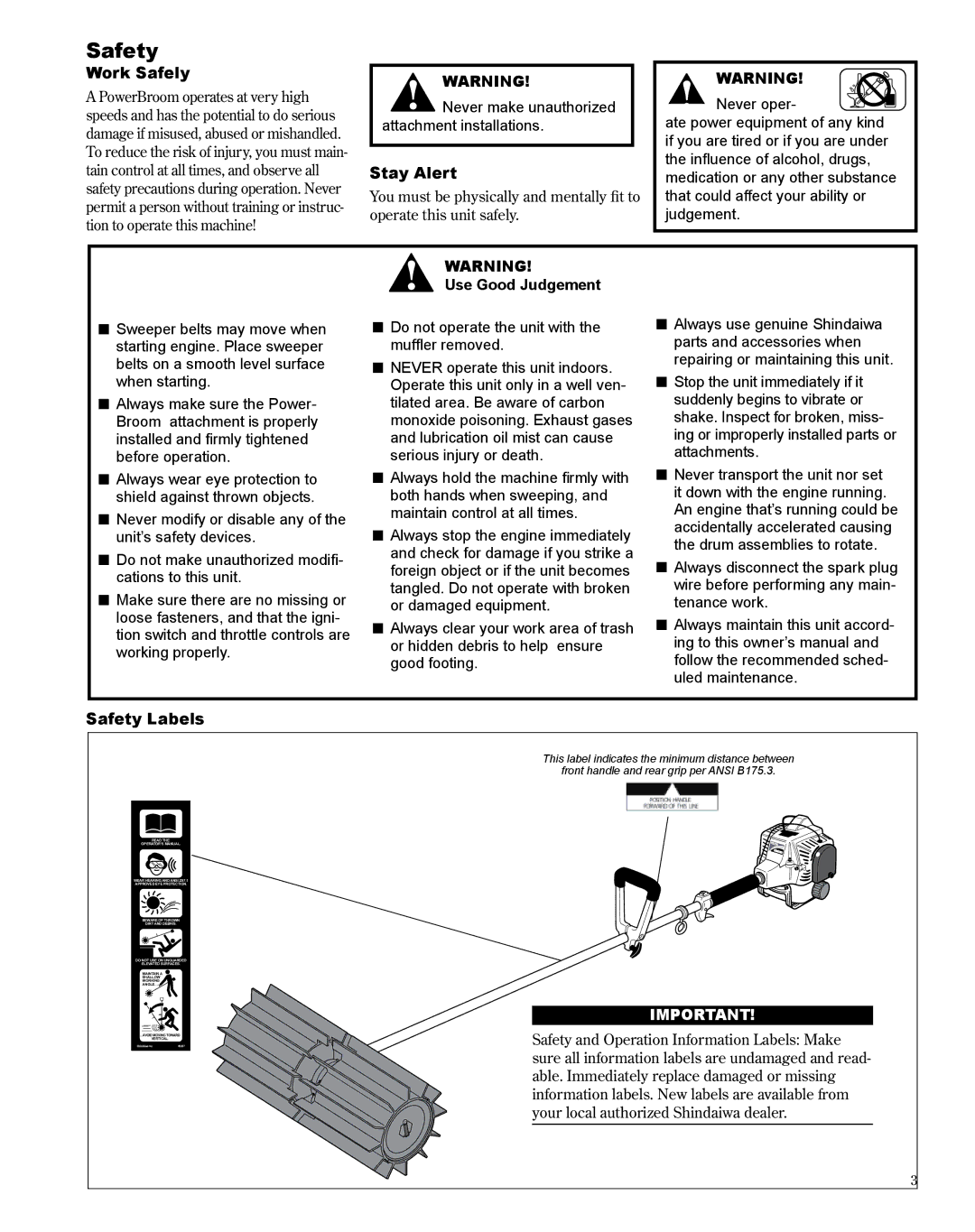 Shindaiwa PB270, X7502235300 manual Work Safely, Stay Alert, Use Good Judgement, Safety Labels 