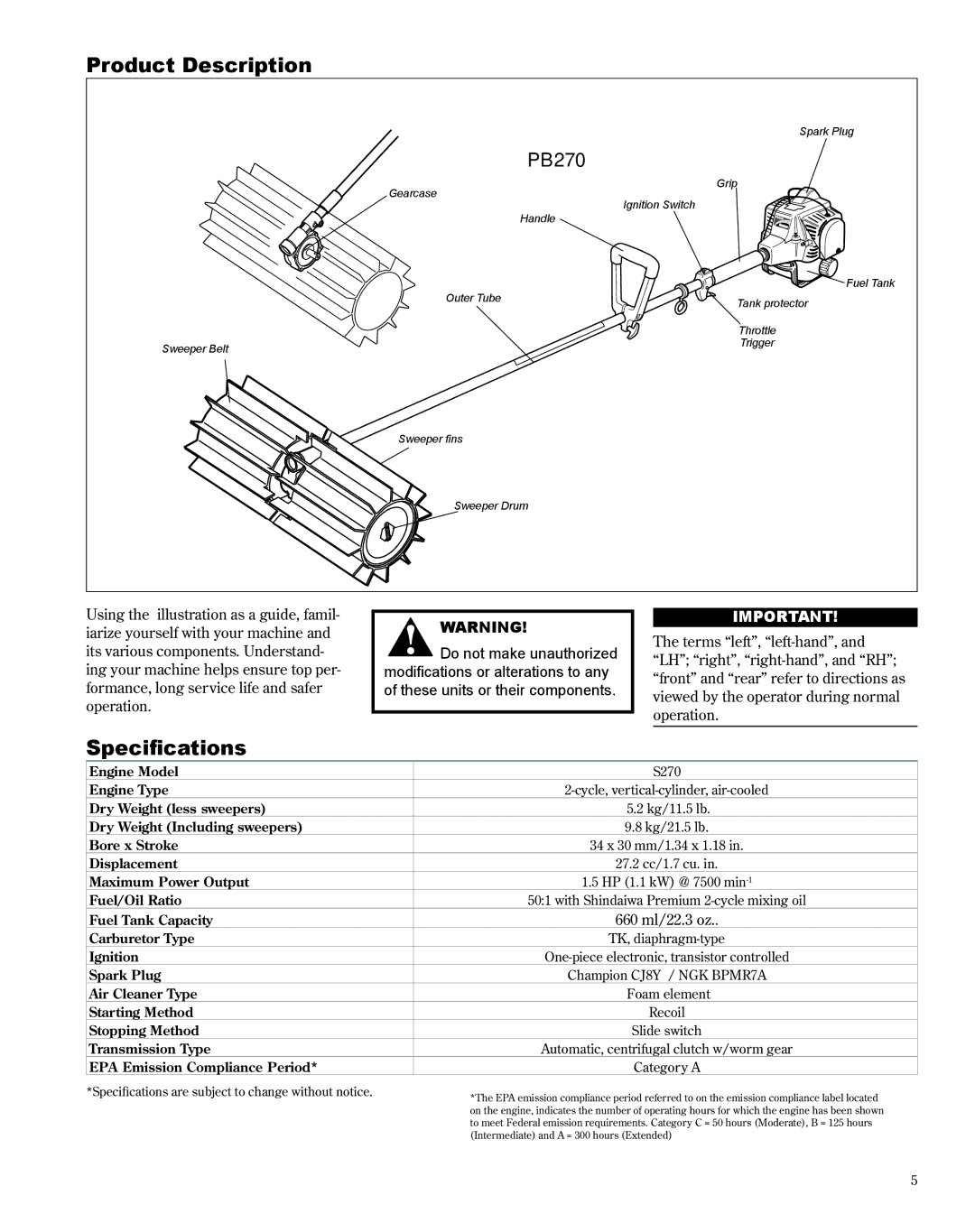 Shindaiwa PB270, X7502235300 manual Product Description, Specifications 