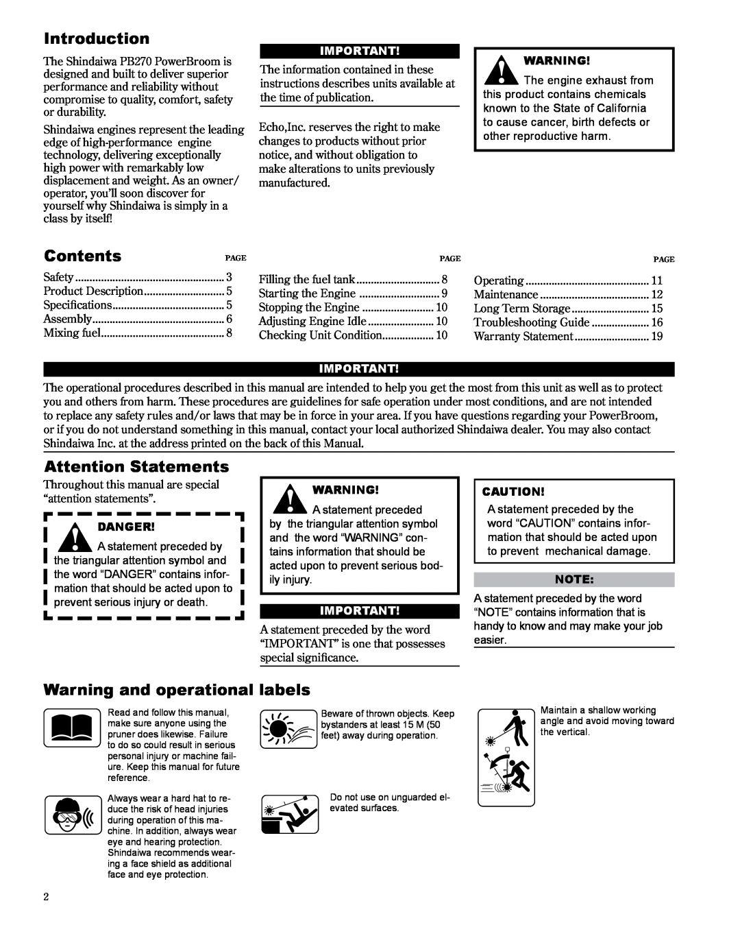 Shindaiwa X7502235300, PB270 manual Introduction, Contents, Attention Statements, Warning and operational labels, Danger 