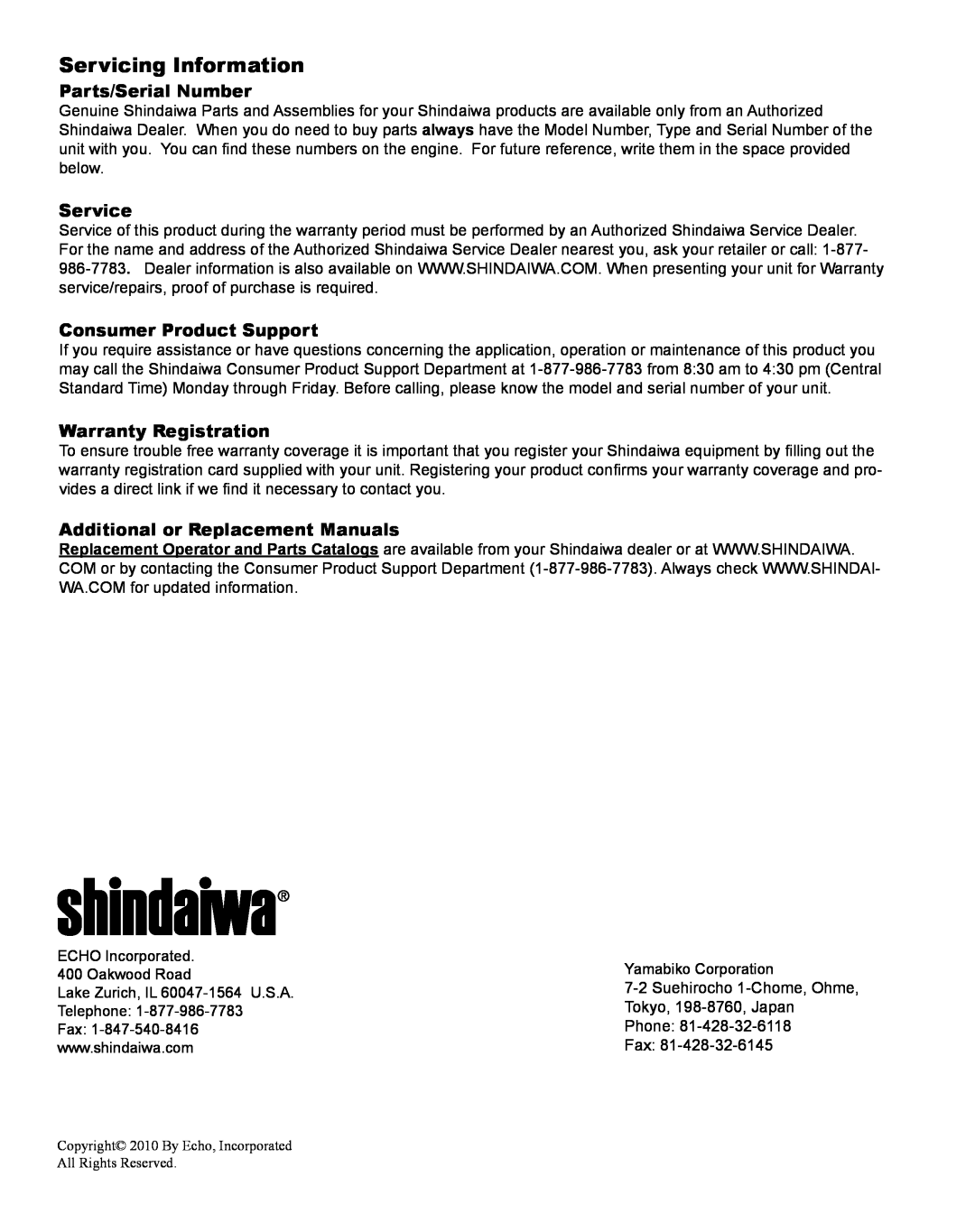 Shindaiwa X7502235300 Servicing Information, Parts/Serial Number, Service, Consumer Product Support, Warranty Registration 