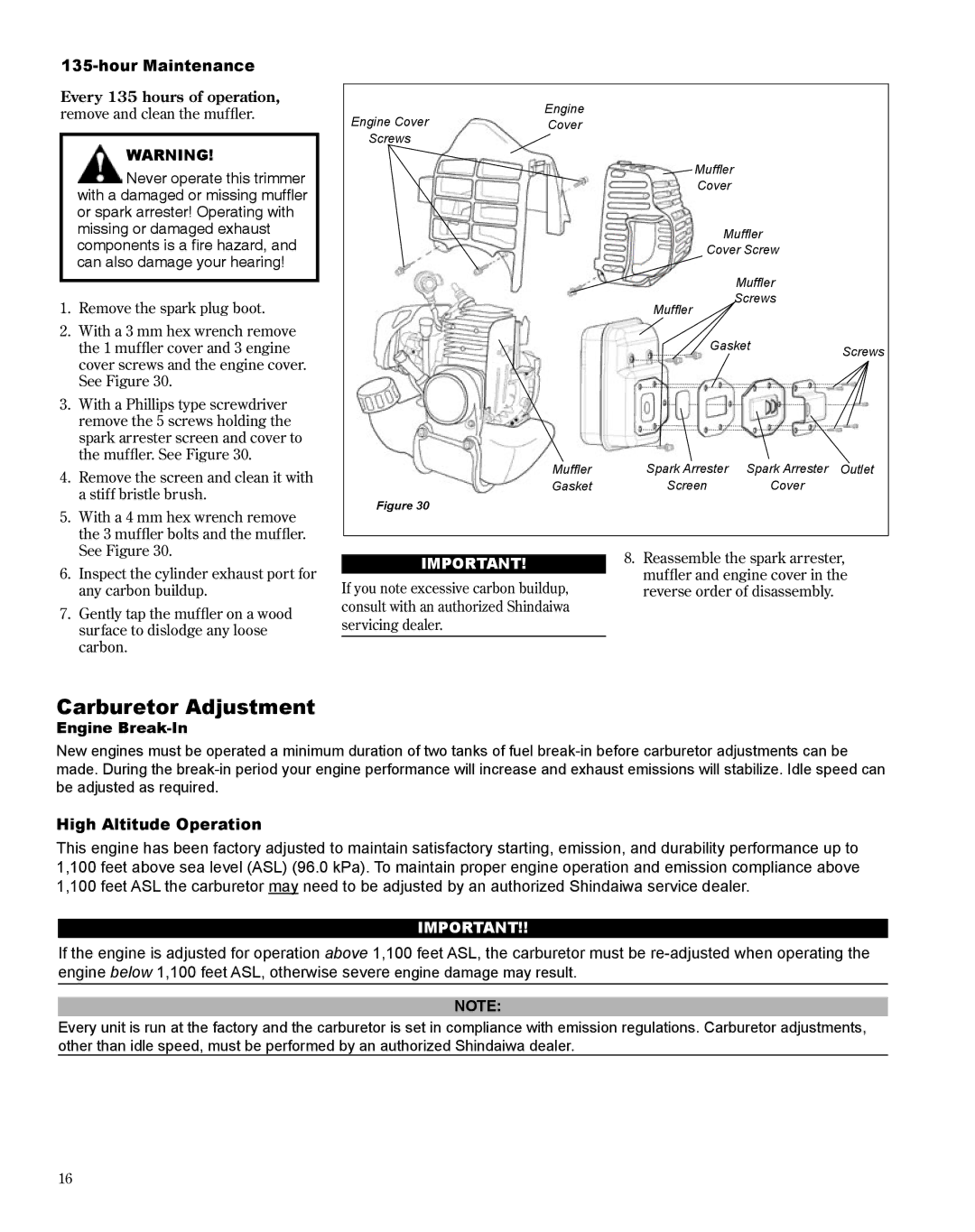 Shindaiwa X7502800900, T242 manual Carburetor Adjustment, Engine Break-In, High Altitude Operation 