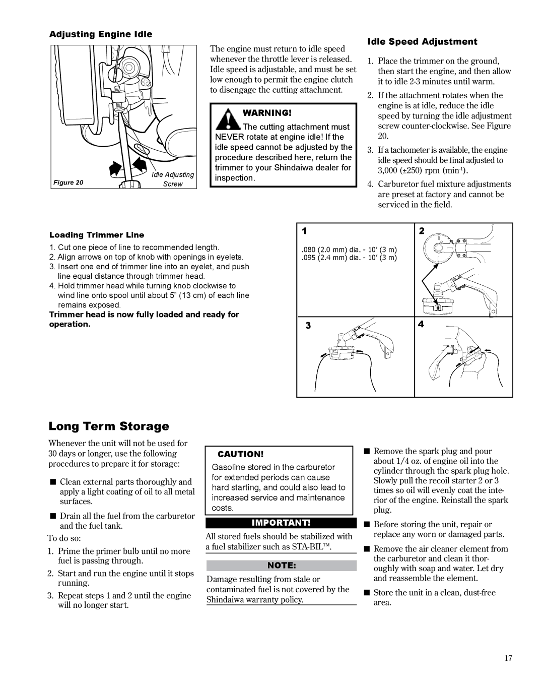Shindaiwa T242, X7502800900 manual Long Term Storage, Adjusting Engine Idle, Idle Speed Adjustment 